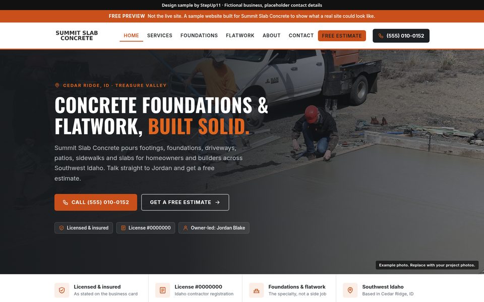 Desktop view of the Summit Slab Concrete sample site